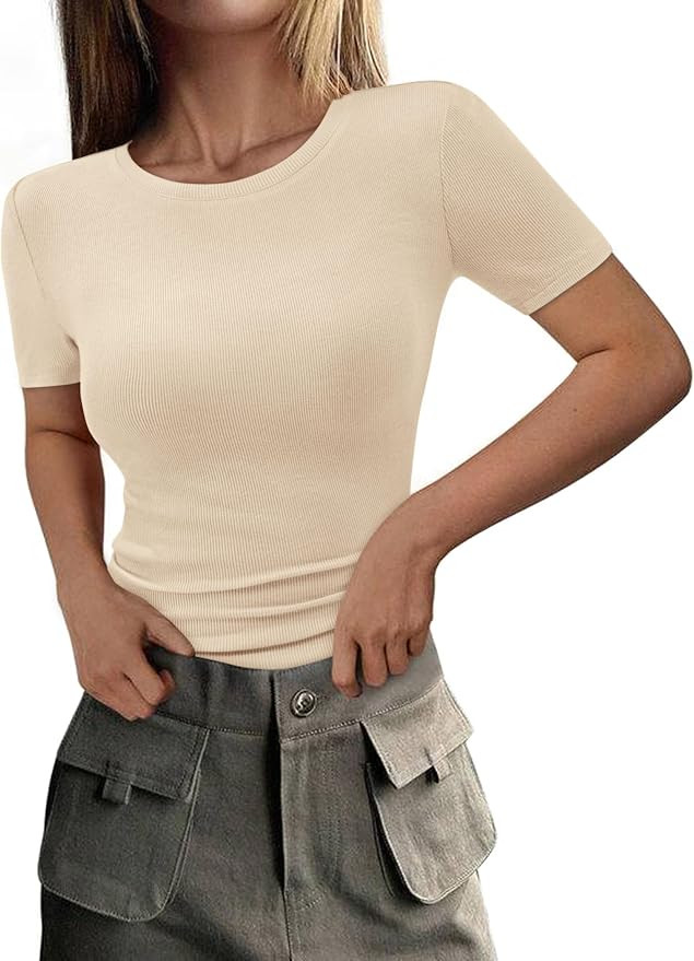 PRETTYGARDEN Women 2025 Summer Crew Neck Short Sleeve Tops Ribbed Knit Slim Fit Fashion Basic Tee... | Amazon (US)