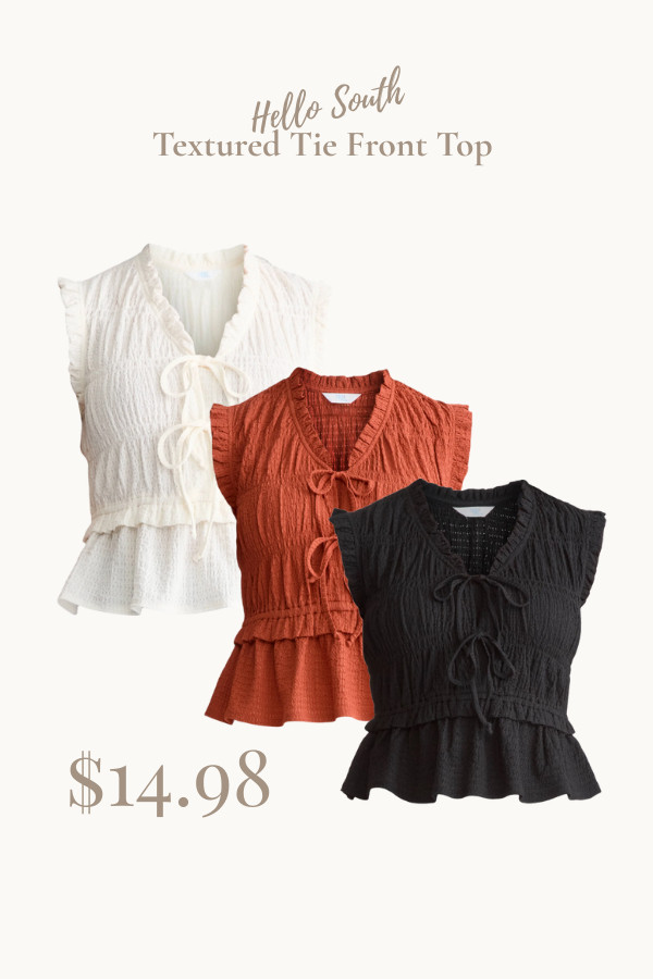 Walmart fashion finds under $15! This woman's textured tie from a peplum top comes in three colors: white, rust orange, and black—a perfect, affordable blouse for fall outfits, casual workwear, or weekend style. The peplum kit is flattering for women over 40 & 50 and pairs easily with jeans, trousers, or skirts. A budget-friendly wardrobe staple that looks chic but is under $15!  

 #LTKOver40 #LTKFindsUnder50 #LTKStyleTip