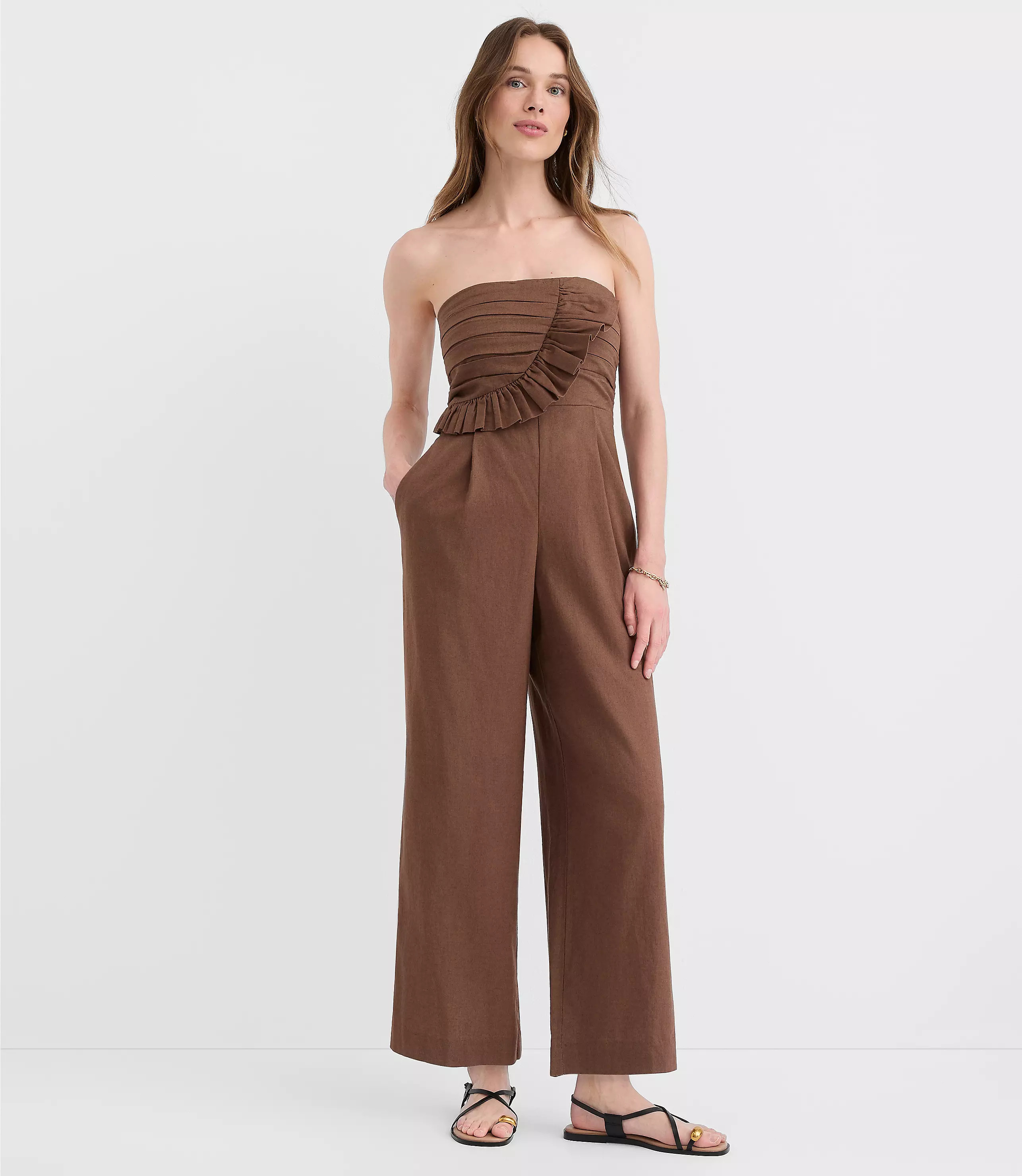 Ruffled Ruched Linen Cotton Strapless Jumpsuit | LOFT