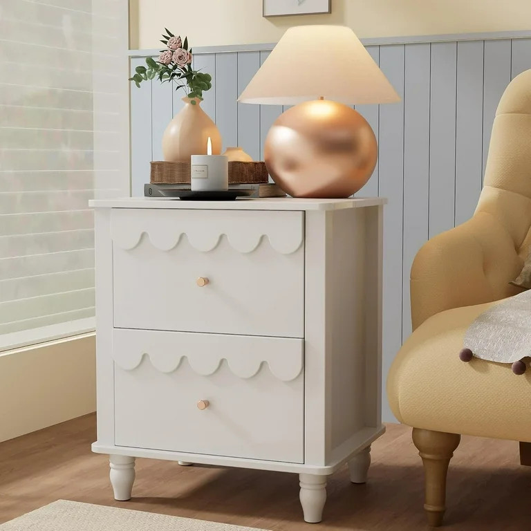 White Nightstand Side End Table with 2 Drawers, Modern Wood Night Stand with Petal Pattern for Be... | Walmart (US)