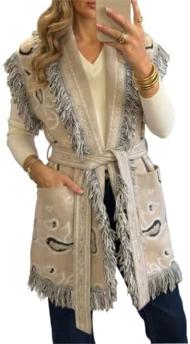 Saodimallsu Womens Sleeveless Long Cardigan Sweaters Fringe Shawl Collar Boho Paisley Wrap Belted... | Amazon (US)