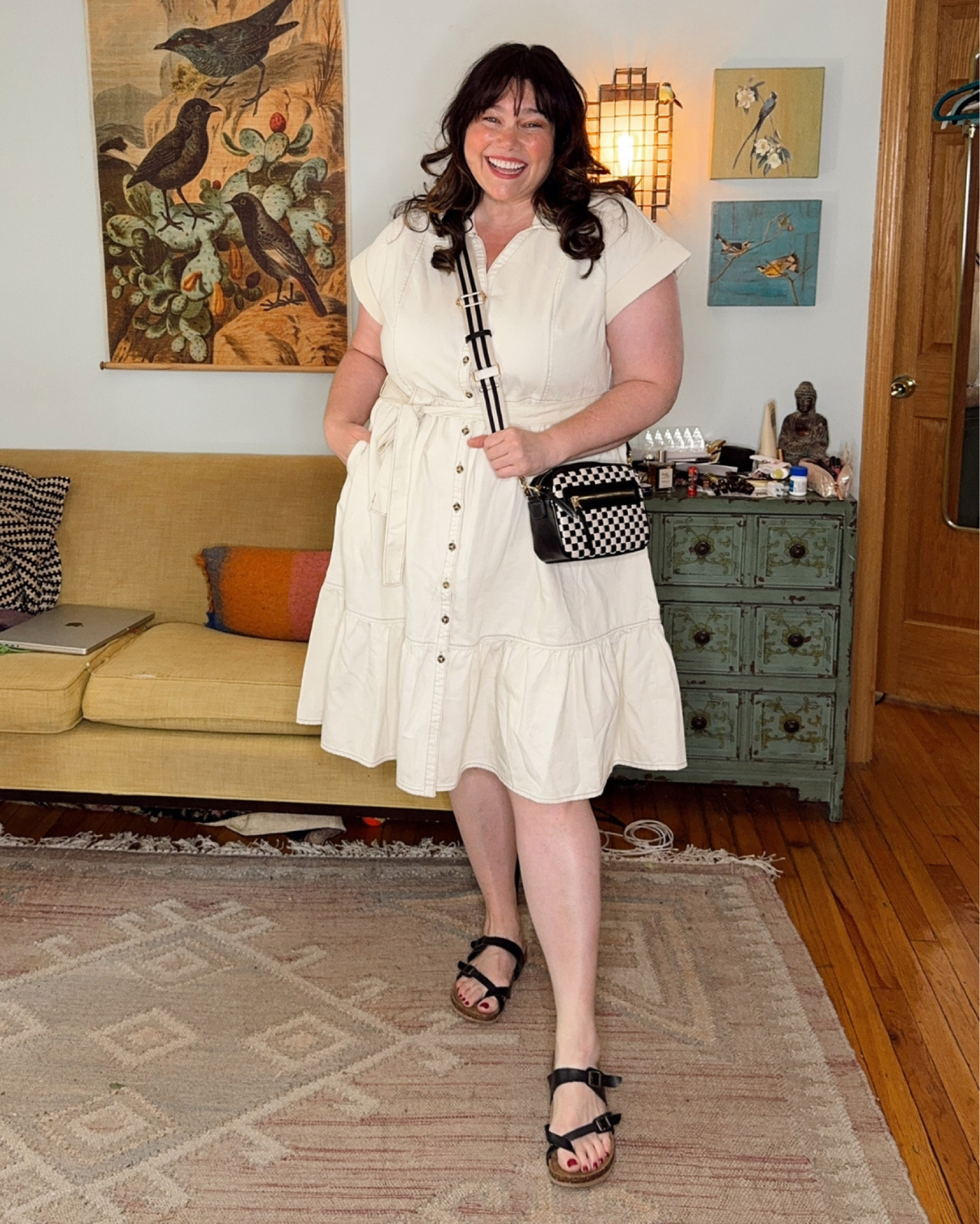 Simple styling for a simple dress! Love this plus size white denim tiered dress, paired with a checkered crossbody and black sandals!

#LTKPlusSize