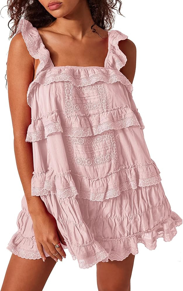 Gacaky Women's Summer Casual Sleeveless Rompers Ruffle Flowy Boho Sun Dress Loose Mini Dress with... | Amazon (US)