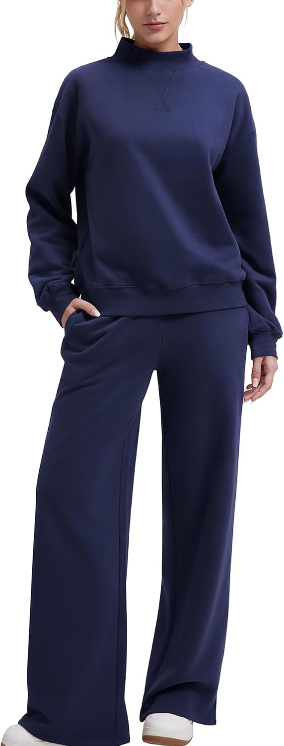 SUUKSESS Women Cotton 2 Piece Outfit Mock Neck Sweatshirt Wide Leg Pants | Amazon (US)