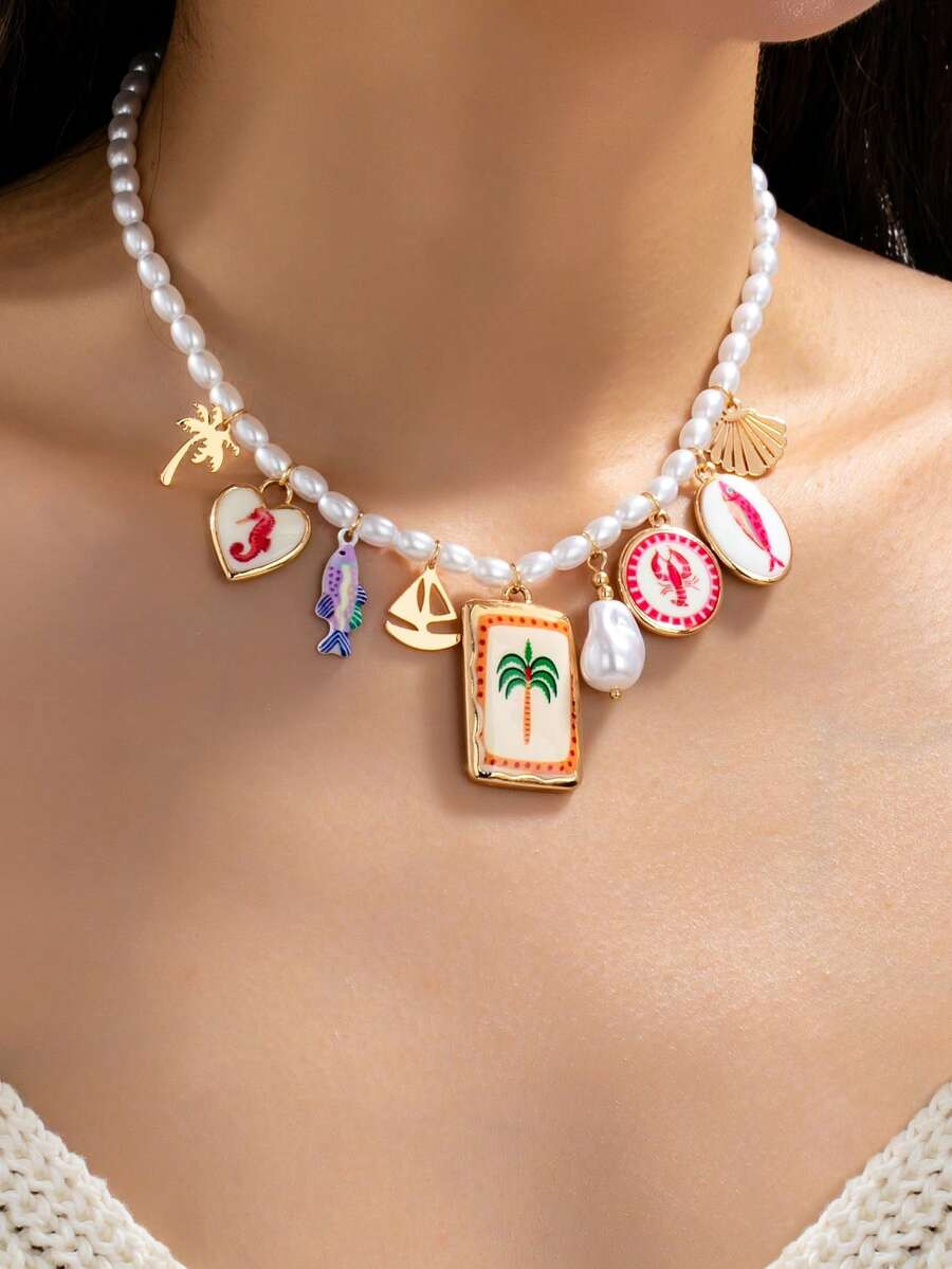 1pc Women's Pearl Beach Charm Necklace, Gold Enamel Ocean Life Pendant With Palm Tree, Seahorse A... | SHEIN