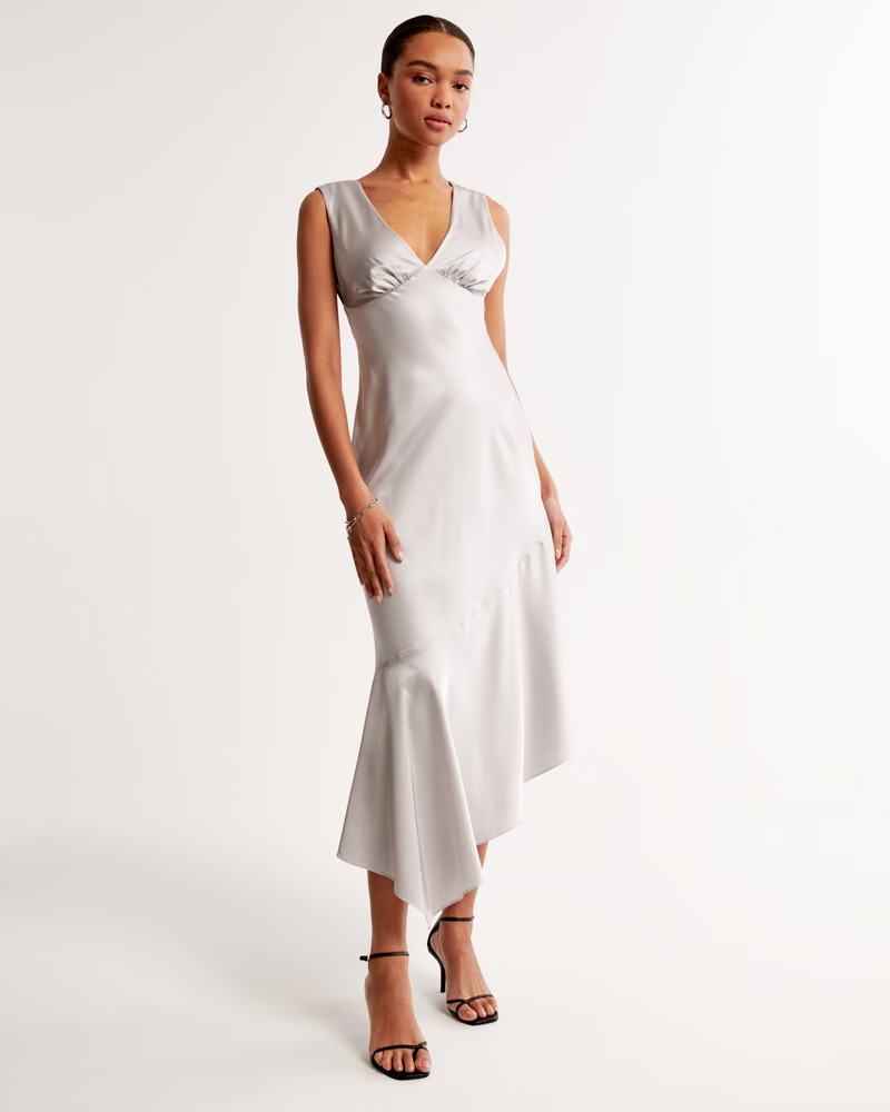 Satin Slip Asymmetrical Midi Dress | Abercrombie & Fitch (US)