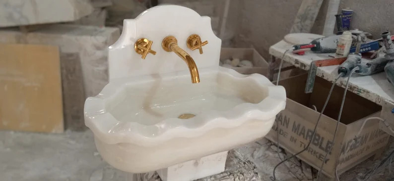 White Marble Sink, Light Veined Washbasin, Custom Order Marble Sink, Hand Carved Sink,powder Room... | Etsy (US)