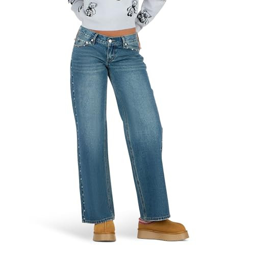 Forever 21 Women's Super Low Rise Baggy Wide Leg Jeans with Studs – 2000s Inspired Denim, Relaxed Fit, Vintage Washed Jeans for Women, Dark Wash, Size 12 | Amazon (US)