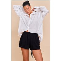 Black Linen Look Floaty Drawstring Shorts | PrettyLittleThing US