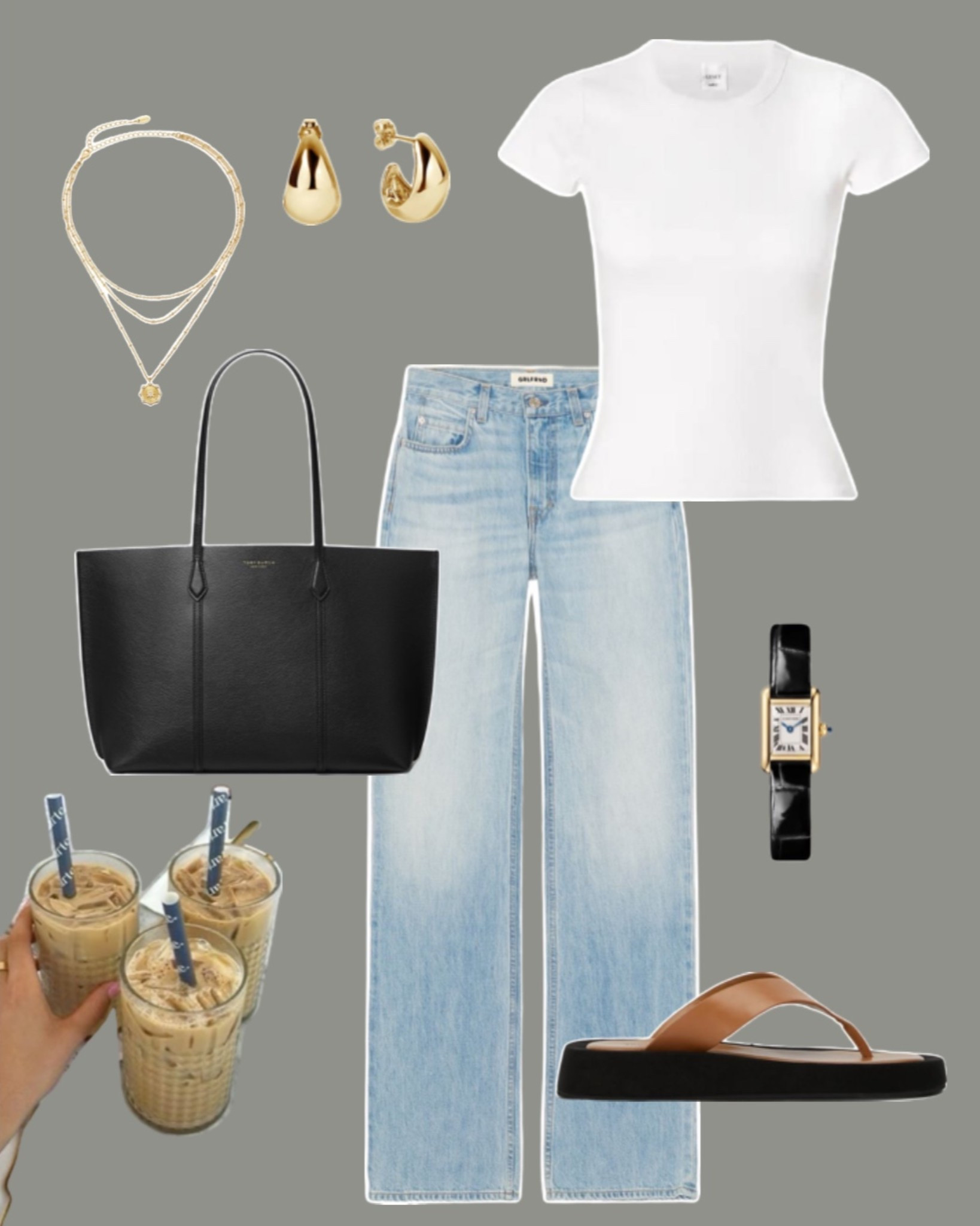 Effortless everyday uniform 🤍

White fitted tee, light wash straight leg jeans, black leather tote, tan leather sandals, gold chunky earrings, layered gold necklace, classic black watch, casual chic outfit, effortless everyday style, minimalist outfit, neutral capsule wardrobe, spring outfit idea, summer basics, elevated basics, coffee run outfit, simple chic look, timeless wardrobe staples, Amazon fashion find 