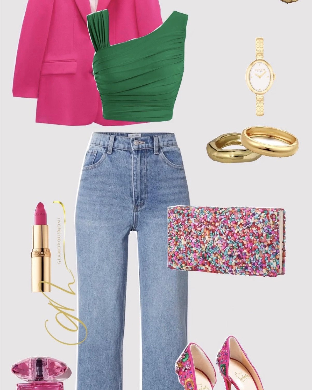 Vibrant color-blocking defines this outfit—oversized hot pink blazer over emerald green one-shoulder top, relaxed wide-leg jeans, gold hoops and bangles, sparkling floral clutch, hot pink stiletto heels, plus pink lipstick and perfume for a confident, eye-catching look.
#LTKStyleGuide #LTKunder50 #LTKsalealert #springstyle 

#LTKootd #LTKFestival #LTKOver40