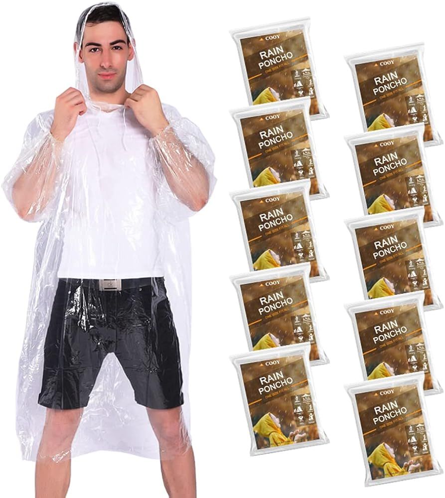 COOY Rain Ponchos,with Drawstring Hood （10 Pack） Emergency Disposable Rain Ponchos Family Pac... | Amazon (US)