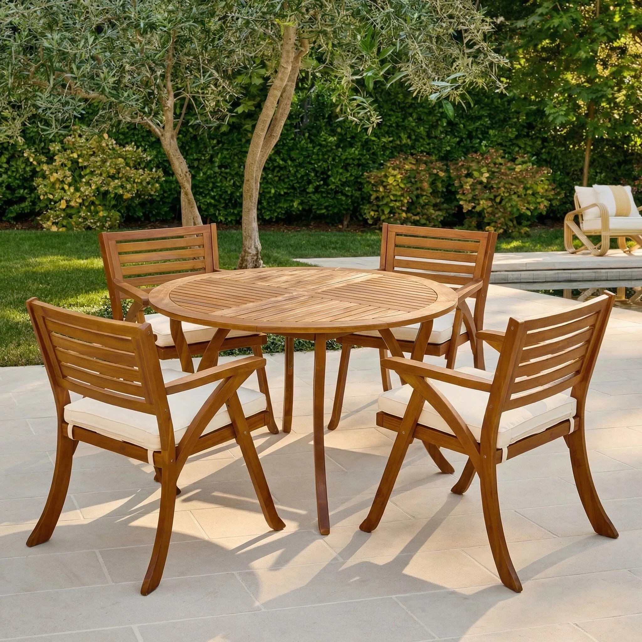 Cotswald 4 - Person Acacia Wood Patio Dining Set with Round Table , Cushions Included | Wayfair North America