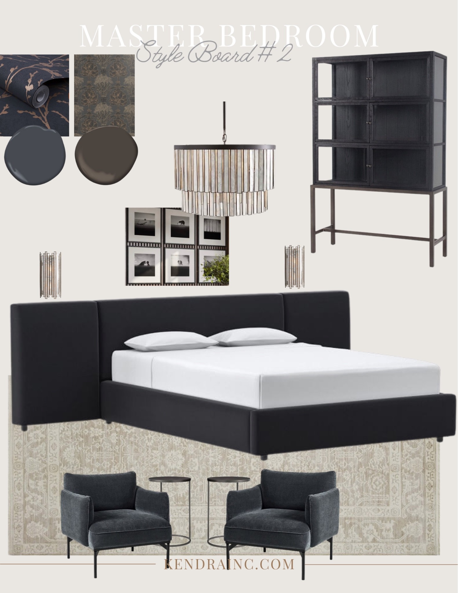 Client Design Board for a sultry master bedroom look. Wallpaper | Rich Paint Colors | Black Pottery Barn Frames | Amber Lewis Interiors | Shoppe by Amber Lewis | West Elm Furniture | Pottery Barn | PB lighting 


#LTKstyletip #LTKsalealert #LTKhome