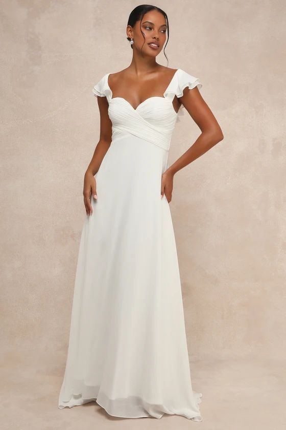 Heavenly Romance White Pleated Flutter Sleeve Lace-Up Maxi Dress | Lulus
