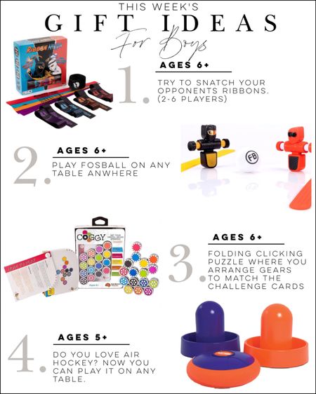 Our weekly best gift ideas for boys.

1. Ribbon ninja, awesome ribbon, snatching game that will keep your kids active.
2. Take these with you for foosball anywhere.
3. A great folding and clicking puzzle where you try to match the challenge cards.
4. Air hockey anywhere at any table anytime.

#BoysGifts #BoysGiftGuide #GiftForBoys #BesttoysforBoys #Foosball #airHockey #Games #Toys 

#LTKGiftGuide #LTKkids #LTKfindsunder50