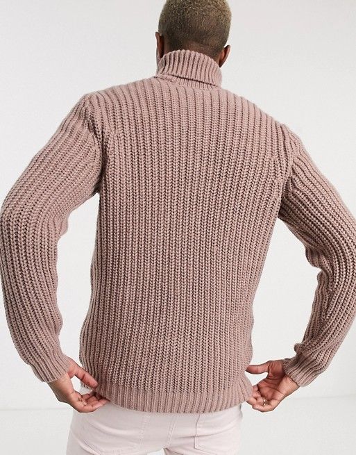 ASOS DESIGN heavyweight fisherman rib roll neck sweater in pink | ASOS US