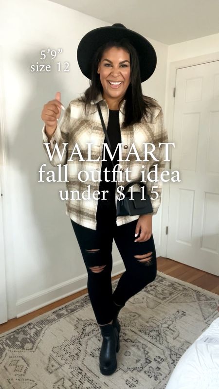 Walmart fall outfit idea under $115! 🍂🍁 can you believe it?! Because I can’t! shacket - tts, bodysuit - tts, jeans - tts, boots - size down 

// fall fashion, fall outfit idea, fall style, mid size, midsize, size 12, affordable style, shacket, ripped black jeans, Chelsea boots, fedora hat 

#LTKunder100 #LTKSeasonal #LTKunder50