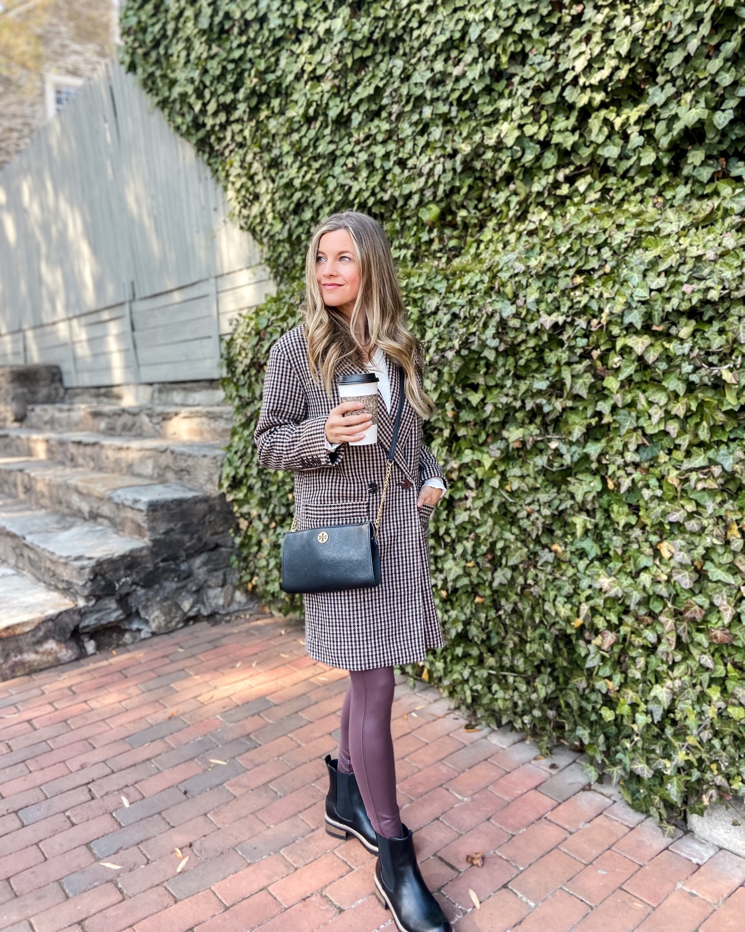 Fall-To-Winter Wardrobe Must-Have!! A cute plaid or houndstooth double-breasted coat or blazer! My coat has a mix of brown and black, so I wore it with brown faux leather leggings (a recent Amazon find I give 👍🏻👍🏻) with black boots and bag. 

#LTKfindsunder100 #LTKover40 #LTKSeasonal