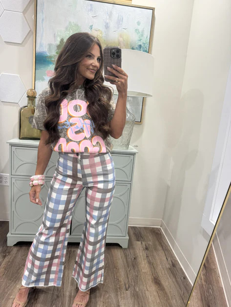 Center Of Attention Smokey Multi Gingham Wide Leg Jean | The Willow Tree