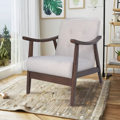 Mid-Century Modern Upholstered Accent Chair, Tufted Armchair with Rubberwood Frame, Leisure Accent Chairs, Beige - ModernLuxe | Target