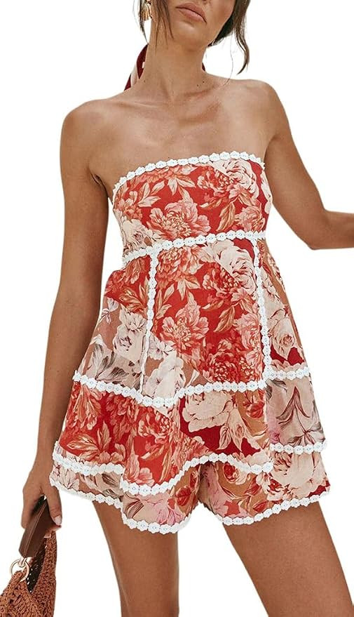 Womens 2 Piece Outfits Floral Print Scalloped Trim Tiered Strapless Top And Shorts Set Casual Vac... | Amazon (US)