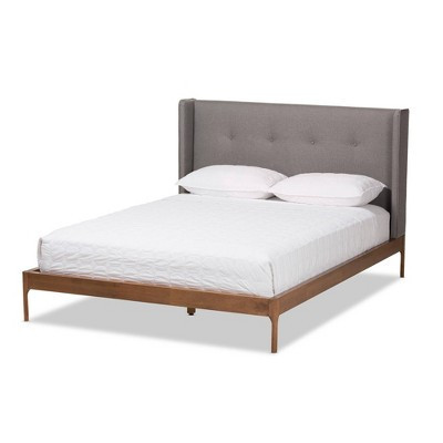 Brooklyn Mid Century Modern Walnut Wood Fabric Upholstered Platform King Bed Gray - Baxton Studio: Durable Rubberwood, Winged Headboard | Target