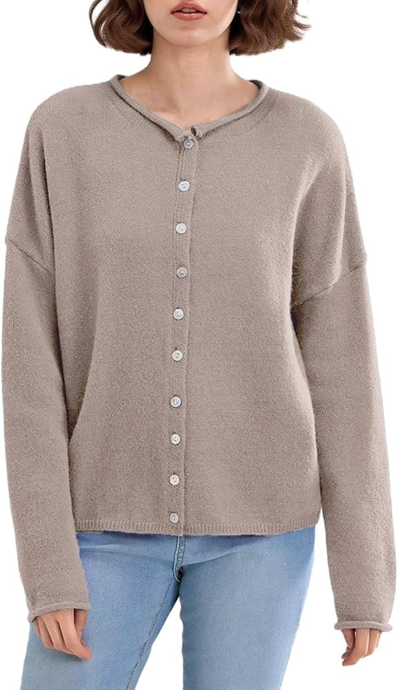 Women Casual Cardigan Sweater Lightweight Loose Crewneck Button Down Long Sleeve Basic Knit Tops | Amazon (US)