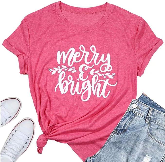 EGELEXY Merry and Bright Shirt Women Christmas Casual Short Sleeve Letter Print Top Holiday Shirt | Amazon (US)