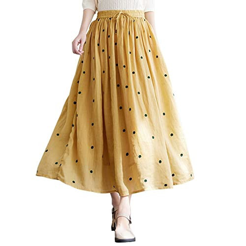 chouyatou Women's Elegant Polka Dot A-Line Skirt Boho Swing Pleated Cotton Midi Long Skirt (Medium, Yellow) | Amazon (US)