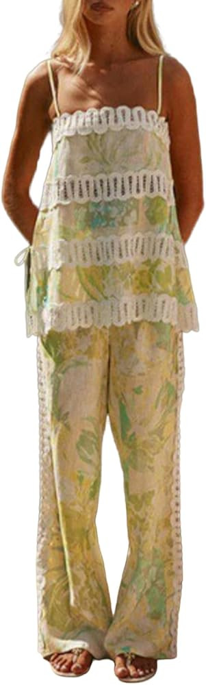 THLAI Womens 2 Piece Outfits Printed Linen Sexy Sleeveless Camisole Pants Set Outfits For Going O... | Amazon (US)