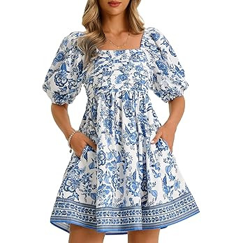 Wenrine Womens Summer Square Neck Mini Dresses Casual Floral Puff Short Sleeve Smocked High Waist... | Amazon (US)