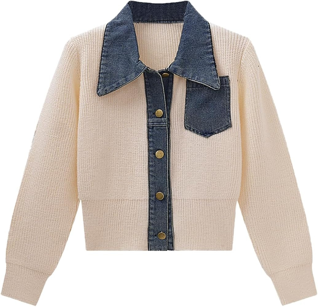 Womens Sweaters Patchwork Denim Sweater Cardigan Long Sleeve Chunky Knit Cardigans Fall Cardigan | Amazon (US)