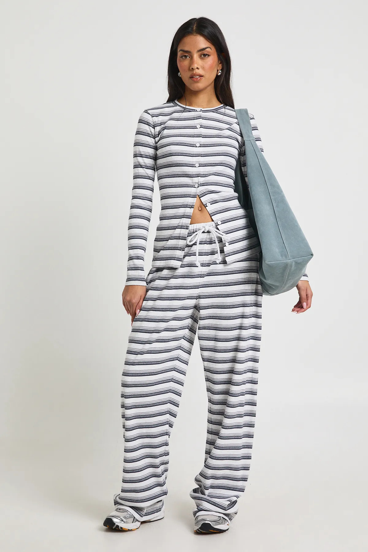 Grey Marl Stripe Rib Button Through Long Sleeve Top & Trouser Co Ord | Boohoo | Boohoo.com (UK & IE)