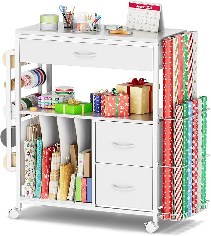 PUNLUXU Wrapping Paper Storage Cart, Rolling Gift Wrap Station with Ribbon and Gift Bag Storage, ... | Amazon (US)