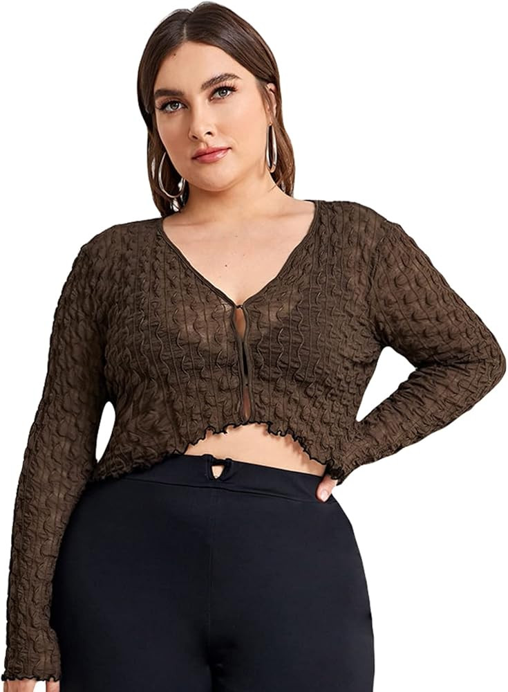 Floerns Women's Plus Size V Neck Lettuce Trim Long Sleeve Mesh Crop Top T Shirt | Amazon (US)