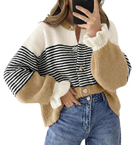 Saodimallsu Womens 2026 Fall Trendy Striped Cardigan Sweaters Ruffle Sleeve Button Up Loose Color Block Sweater Coats Camel | Amazon (US)