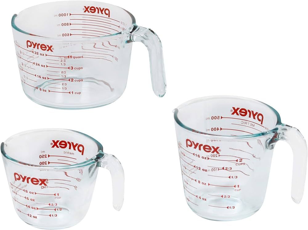 Pyrex 3 Piece Measuring Cup Set, Includes 1, 2, and 4 Tempered Glass Liquid Measuring Cups, Dishw... | Amazon (US)