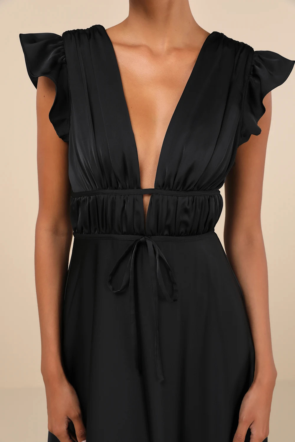 I'm All Yours Black Satin Cutout Ruffled Maxi Dress | Lulus