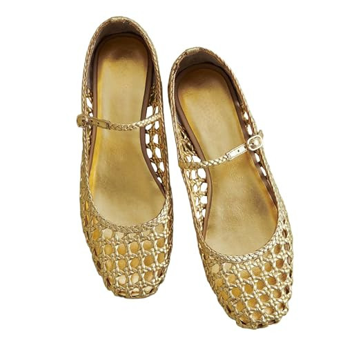 Woven Mesh Ballet Flats for Women Square Toe Mary Jane Flats Buckle Strap Flat Shoes Comfortable Ballerina Flats Dressy Mesh Shoes Casual Mary Janes for Women A-Gold | Amazon (US)