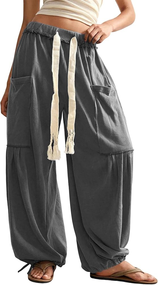 Springrain Women's Baggy Wide Leg Pants Casual Drawstring Harem Pants Bohemian Trousers with Big ... | Amazon (US)