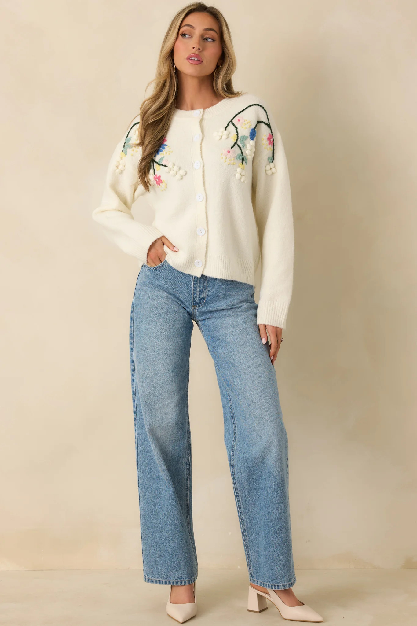 Where the Wildflowers Are Ivory Multi Knit Floral Embroidered Cardigan Sweater | Red Dress