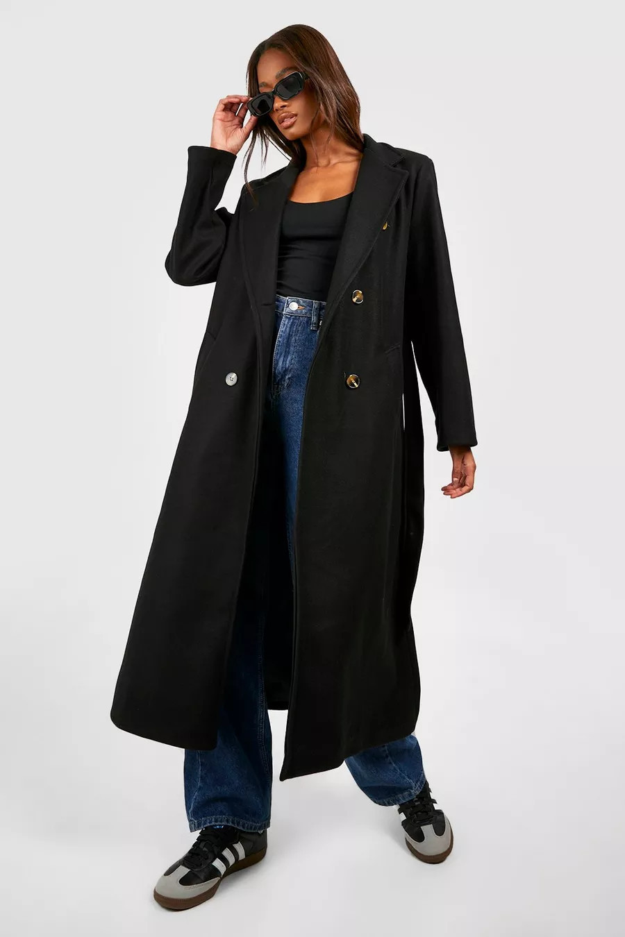 Longline Double Breasted Belted Wool Look Coat | Boohoo.com (US & CA)