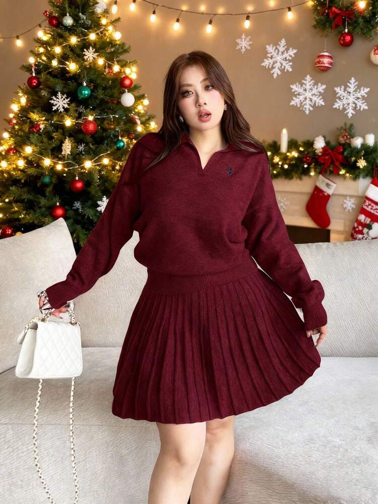 Vibekara Plus Size Women Knitted Casual Solid Color Embroidery Lapel Simple Long Sleeve Sweater Top & Skirt Set, Versatile, Autumn/Winter 2 Piece Skirt Sets Woman Winter Dress For Women Pleated Skirt Set Tennis Skirt Set Plus Sweater Sets For Women Red Chinese New Year New Year Valentine's Day Christmas | SHEIN