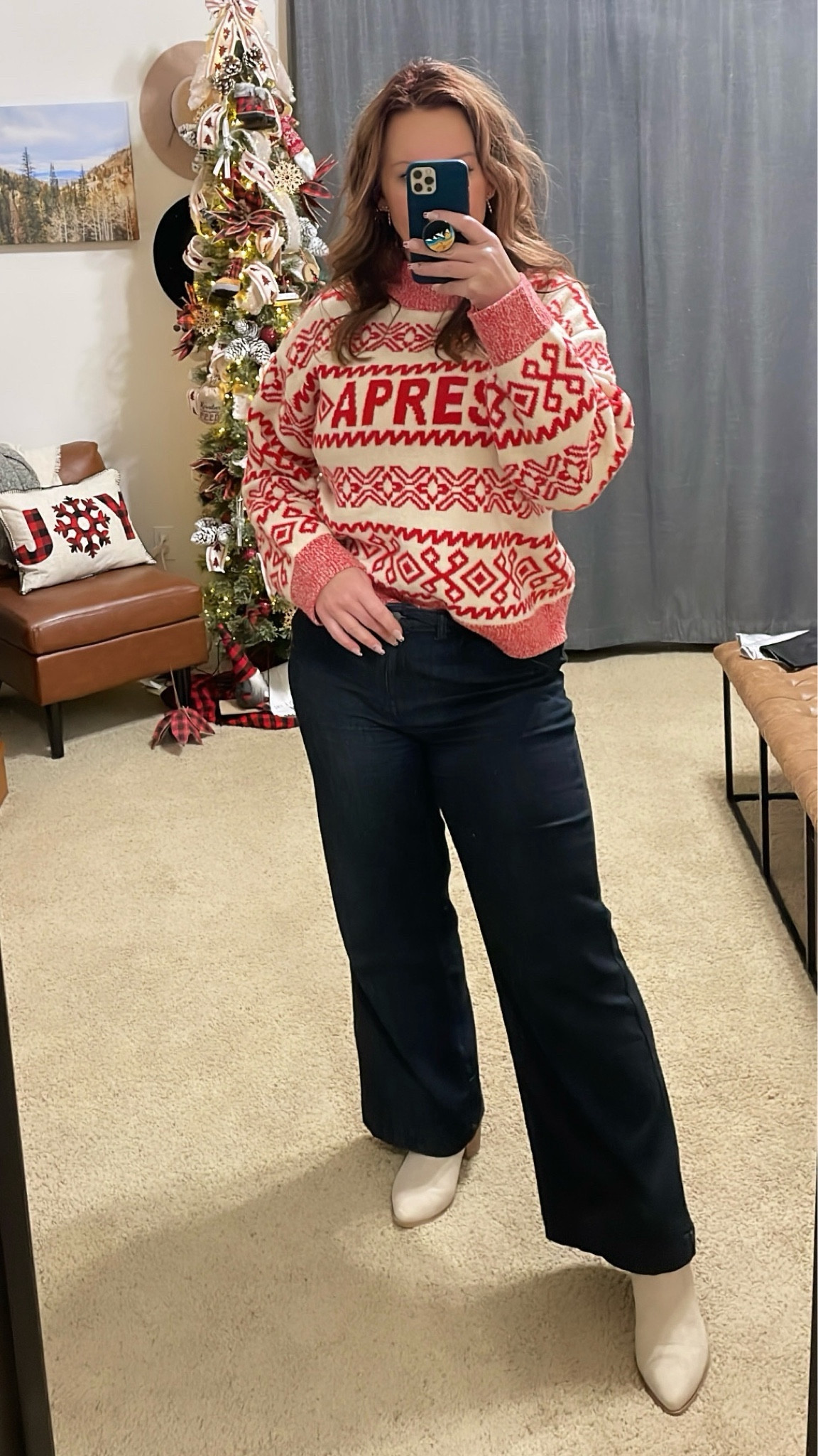 Today’s Look: Christmas with family. 
Apres fair isles sweater. Flare jeans. Cowboy boots  

#LTKSeasonal #LTKmidsize #LTKHoliday