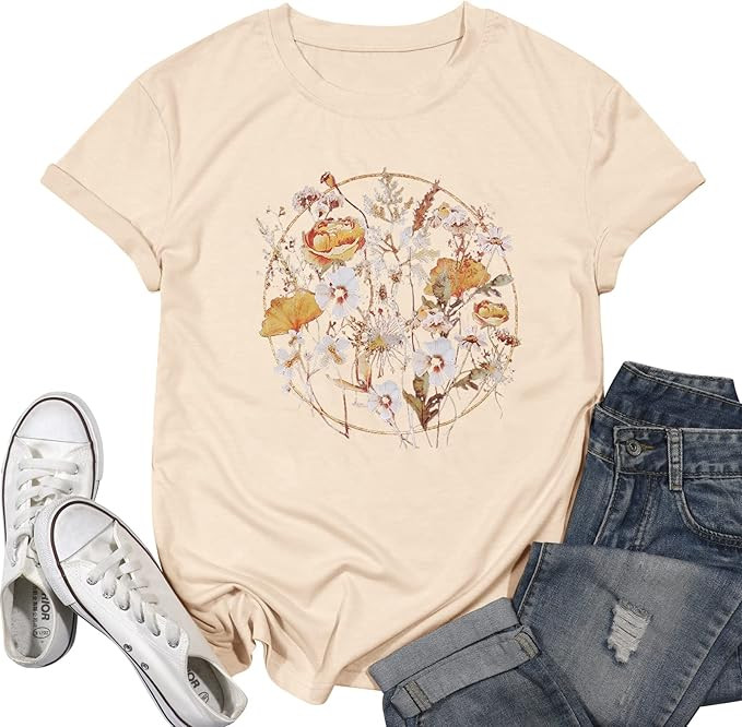 Flower T Shirts for Women Vintage Wildflower Shirts Flower Graphic Tees Vintage Graphic Tees Top ... | Amazon (US)