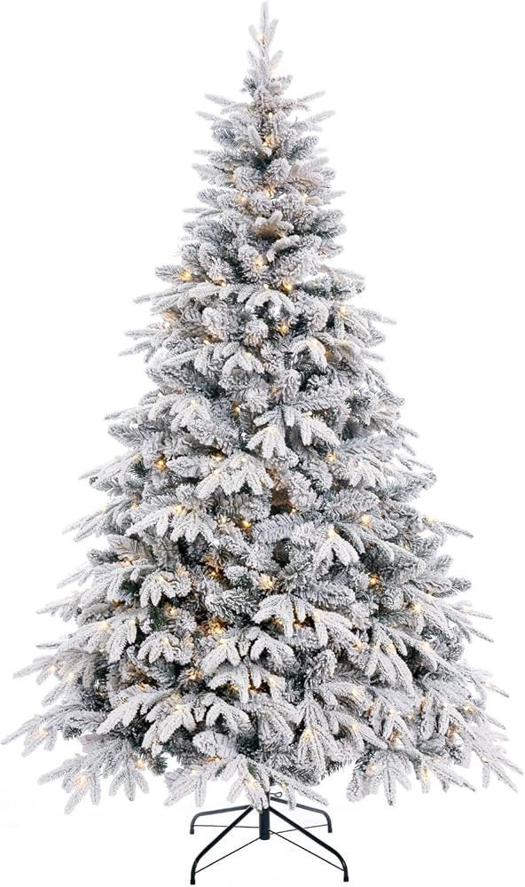 Amazon.com: SINTEAN 7FT Prelit Christmas Tree, Hinged Flocked Christmas Tree w/ 320 LED Lights & ... | Amazon (US)