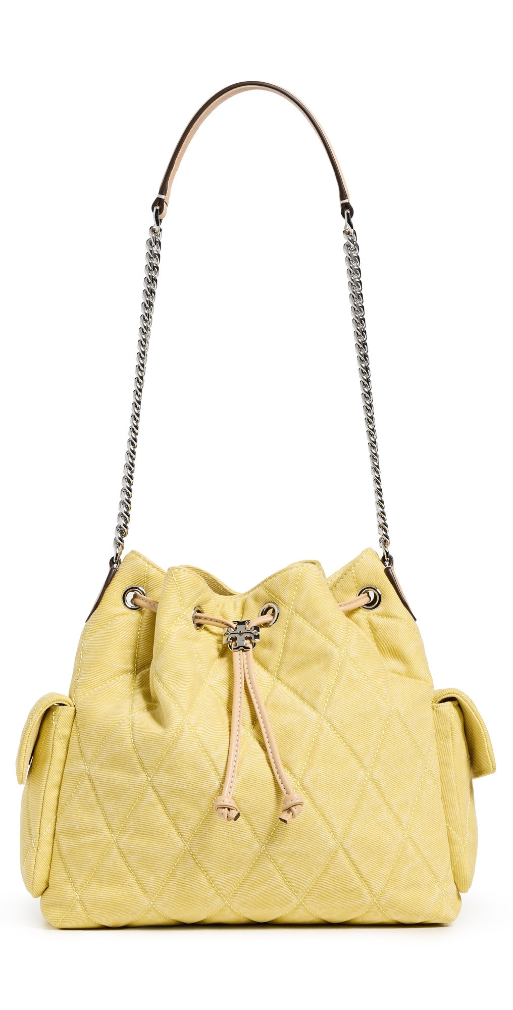 Tory Burch Charlie Quilted Denim Drawstring Shoulder Bag Yellow One Size | Shopbop
