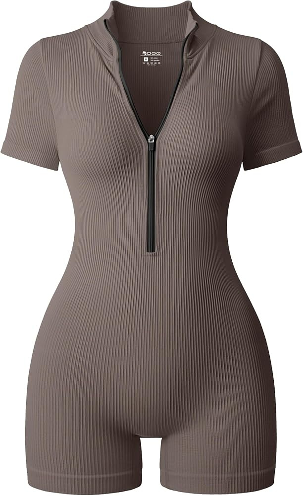 OQQ Women Rompers Ribbed Short Sleeve Zip Front Stretch Tummy Control Yoga Workout Rompers | Amazon (US)
