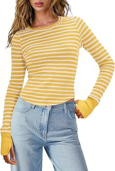 Panadila Womens Striped Long Sleeve Shirts Crewneck Waffle Knit Tops Casual Fitted T Shirts Fall ... | Amazon (US)